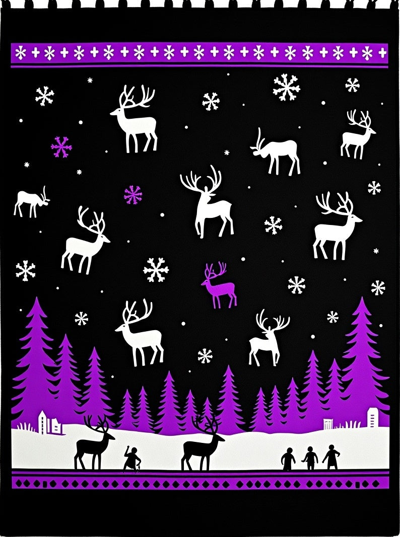 Whimsical Purple Deer Snowy Forest Night Rug