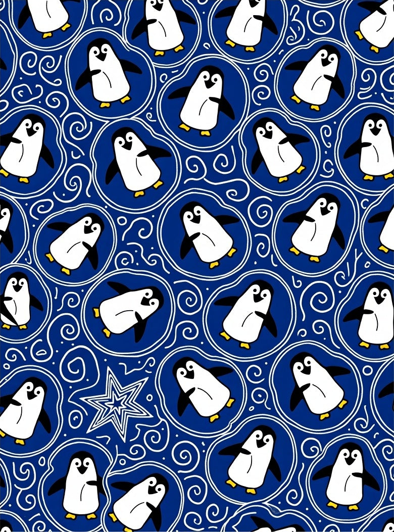 Whimsical Blue Penguin MedallionSwirl Rug