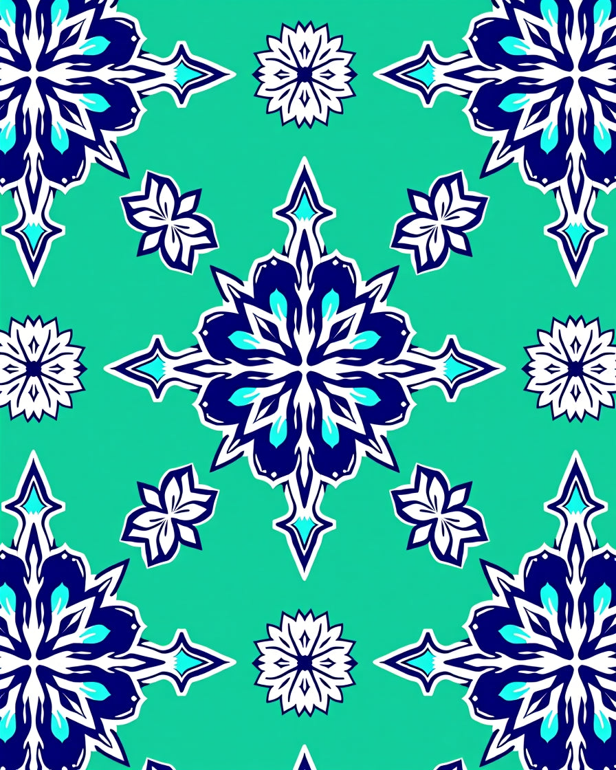 Teal Blue White Floral Symmetry Rug