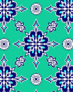 Teal Blue White Floral Symmetry Rug