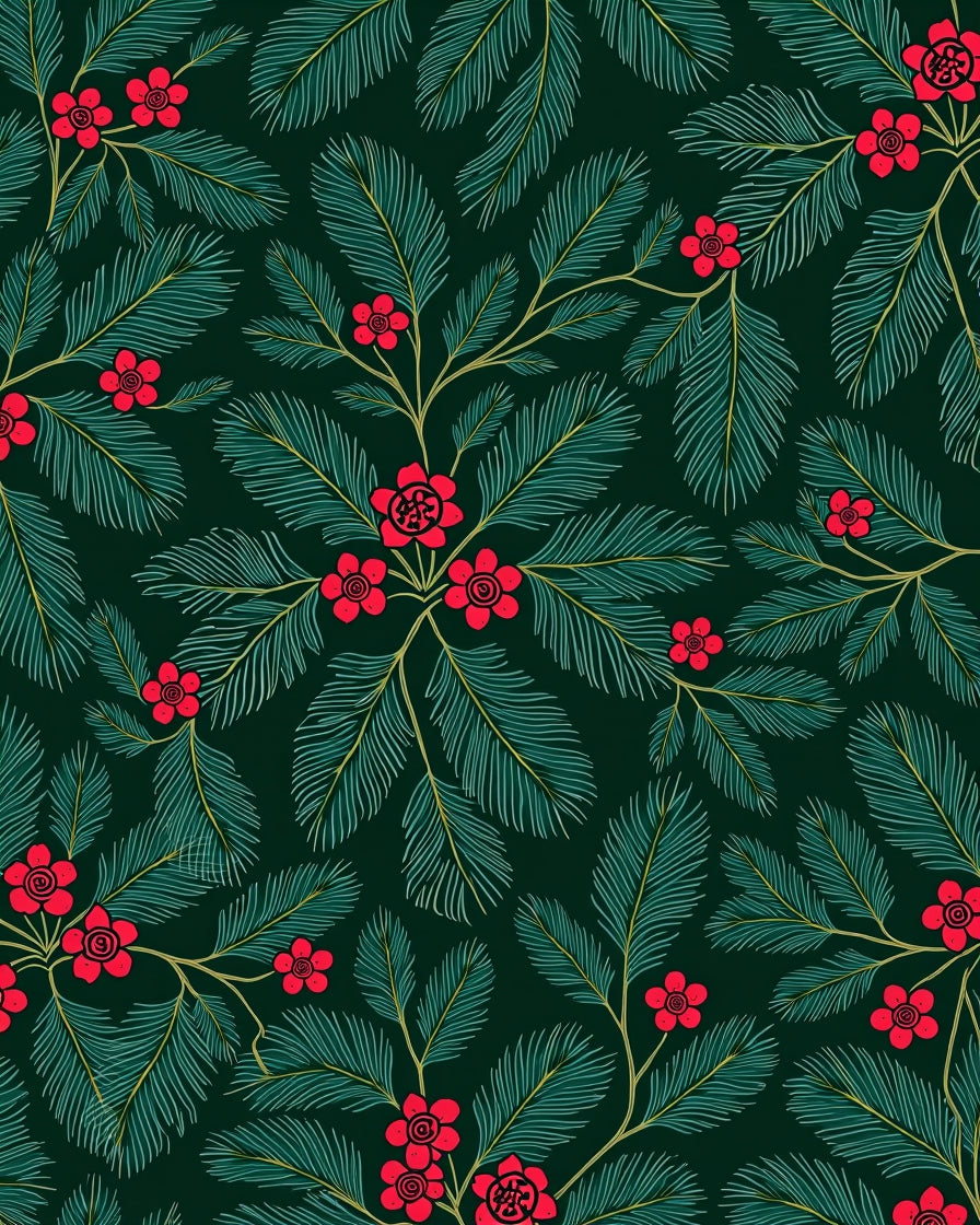 Deep Green Red Floral Leaf Botanical Rug