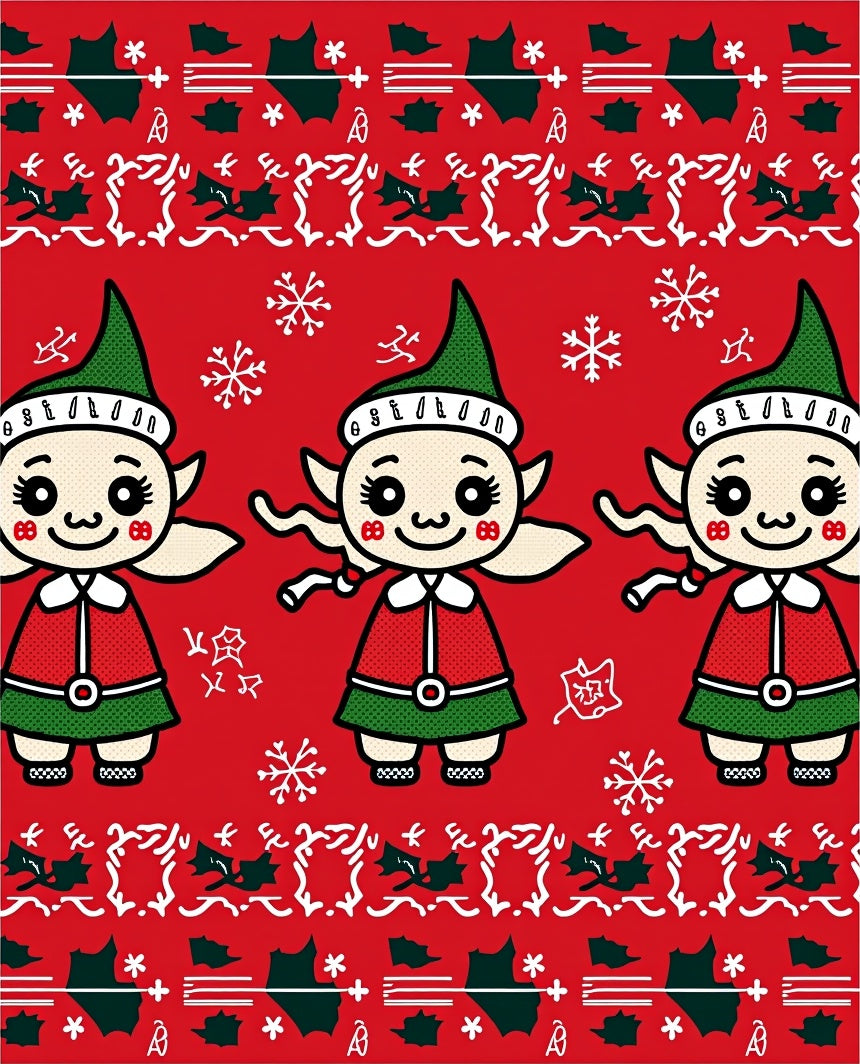 Playful Red Elf Characters Snowflake Border Rug