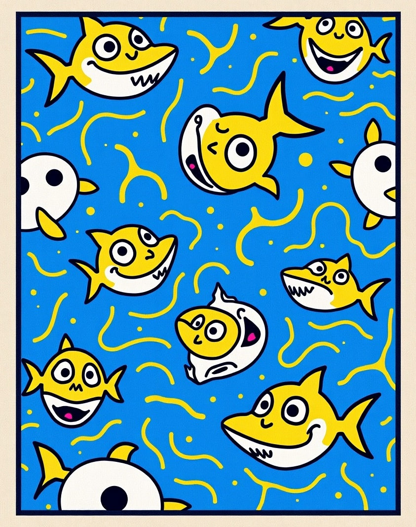 Whimsical Yellow Shark Blue Swirls Rug
