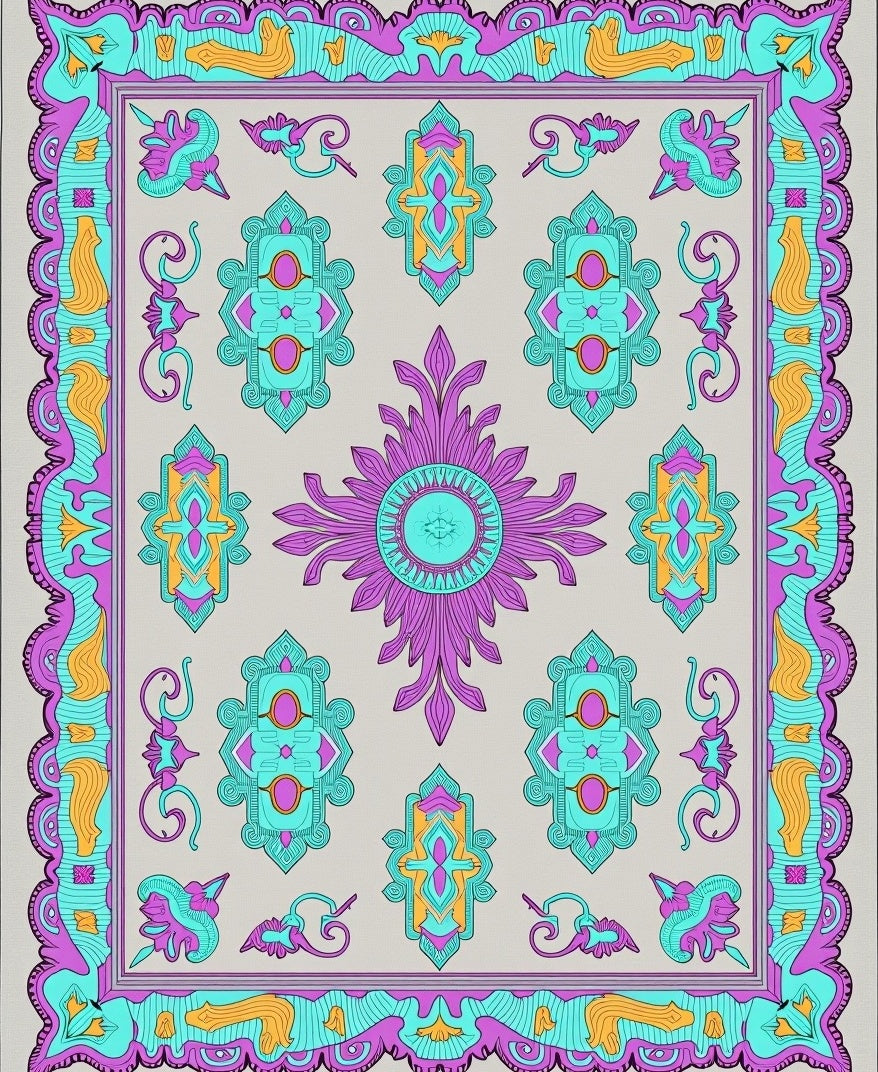 Vibrant Purple Teal Medallion Border Rug