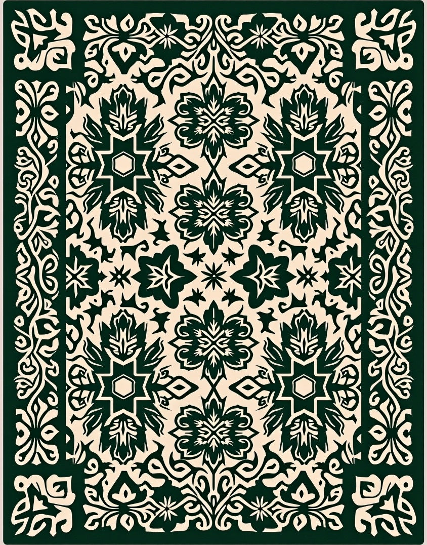 Ornate Green Floral Medallion Repeating Rug