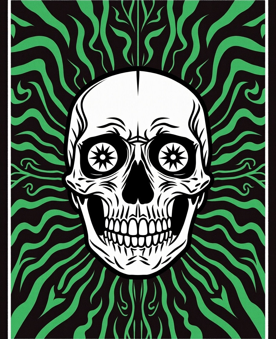 Black Green Skull Swirls Rug