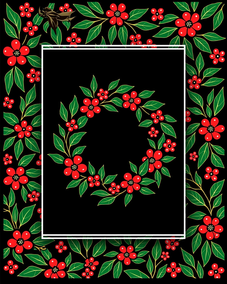 Red Floral Vines Black Garden Rug