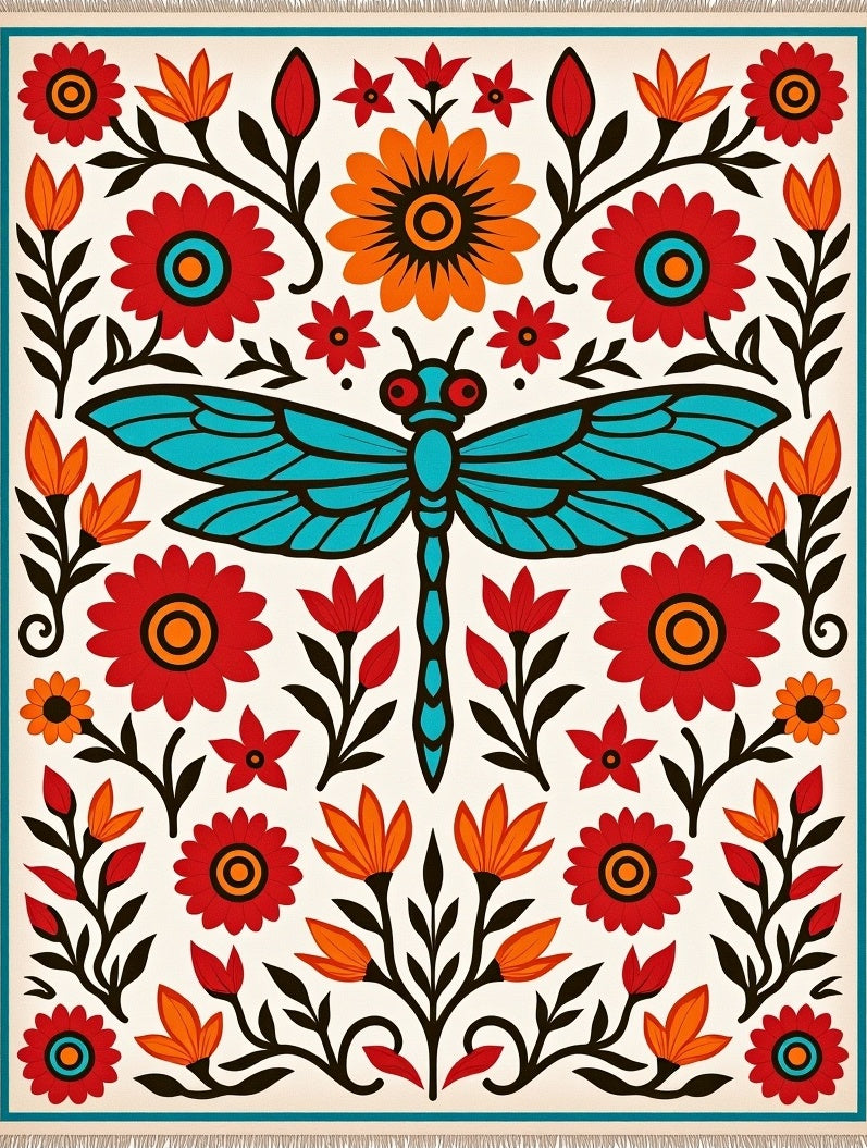 Mid-century Dragonfly Floral Folk Art Rug