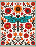 Mid-century Dragonfly Floral Folk Art Rug