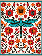 Mid-century Dragonfly Floral Folk Art Rug