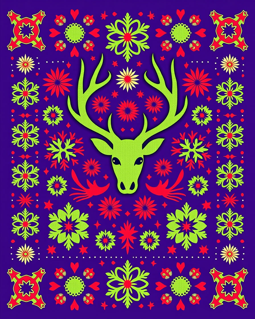 Vibrant Green Deer Folklore Blooms Rug