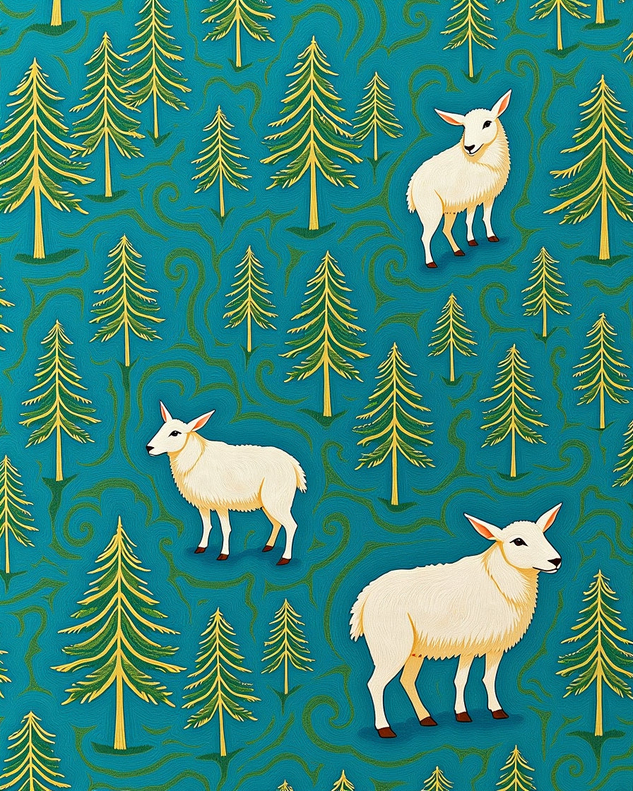 Teal Forest Sheep Woodland Scene Rug
