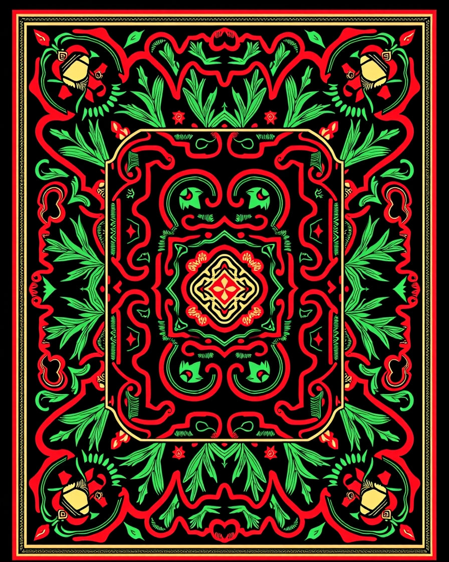 Bold Red Green Floral Medallion Rug