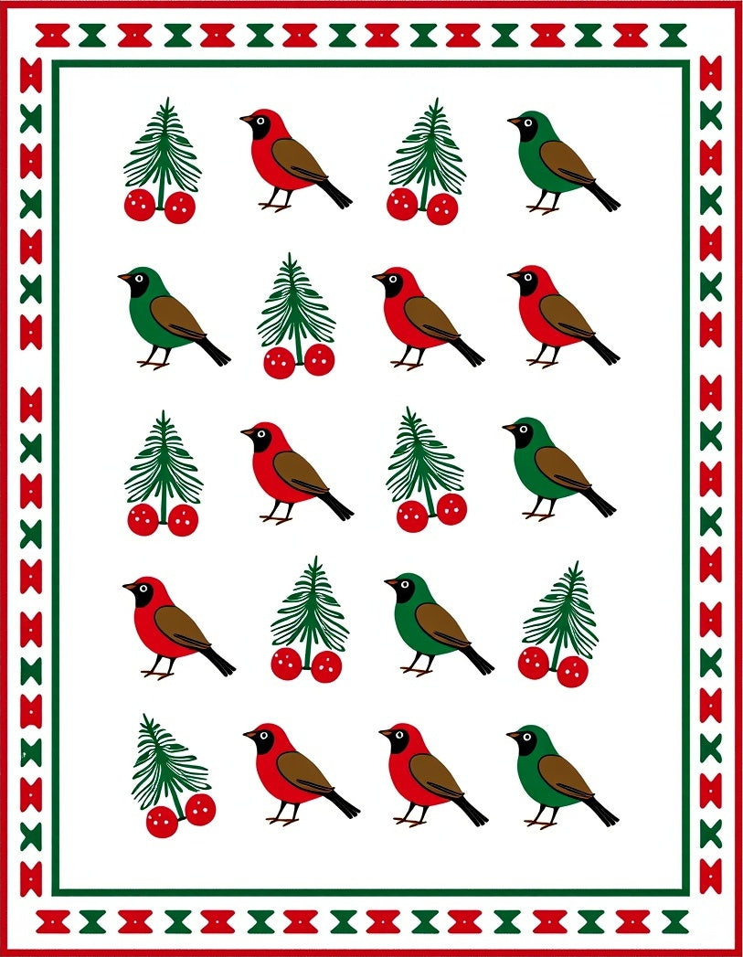 Red Green Birds And Berries Repeat Rug