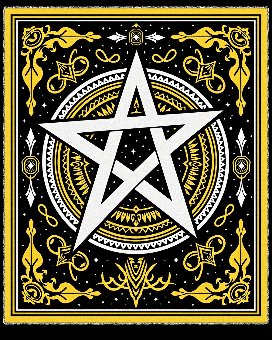 Black Yellow White Pentagram Mandala Rug