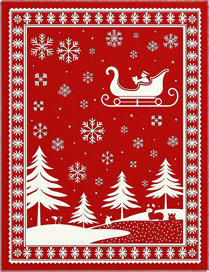 Festive Red Winter Sleigh Scene Rug