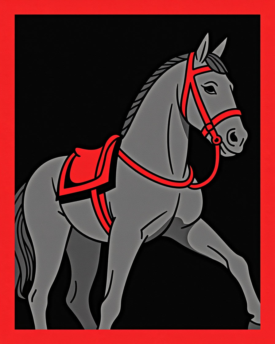 Gray Horse With Red Saddle Harness Rug