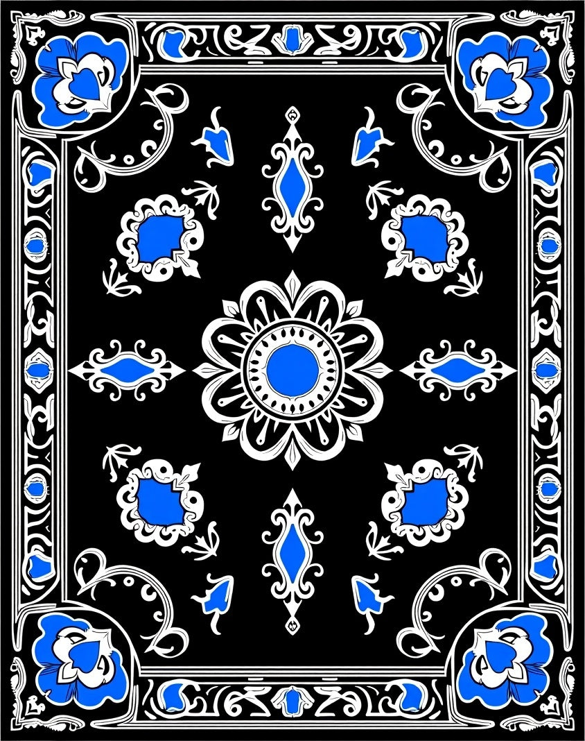 Black Floral Medallion Blue White Rug