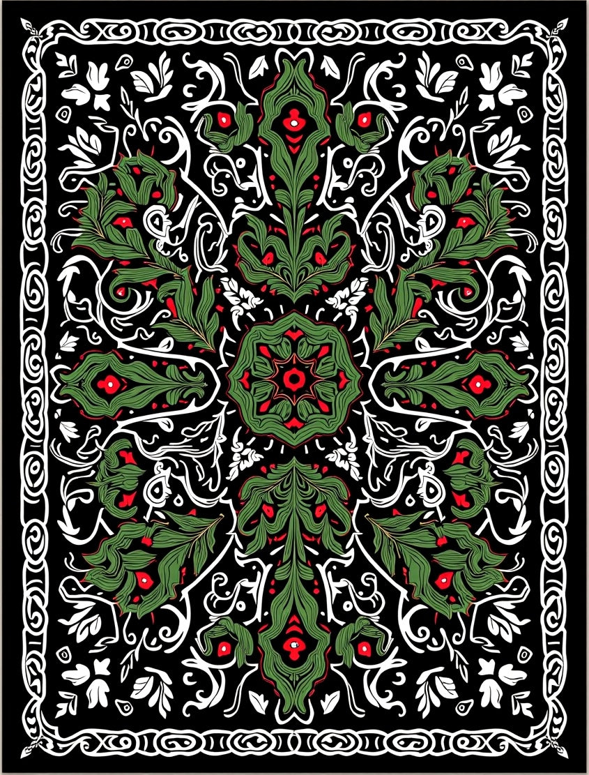 Green Red Foliage Black Ornamental Rug