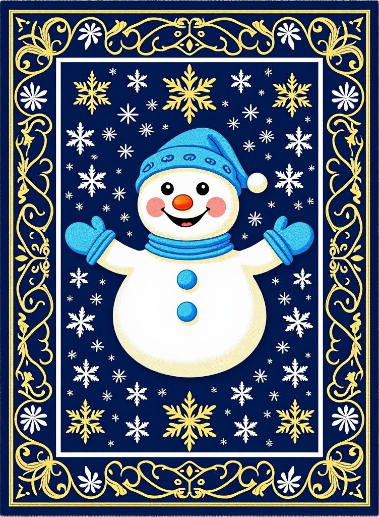 Dark Blue Snowman Snowflake Border Rug