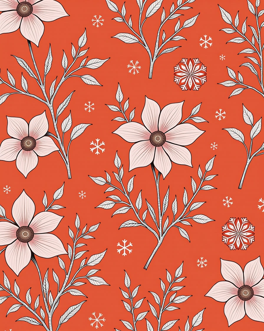 Coral Pink Floral Snow Flake Vines Rug