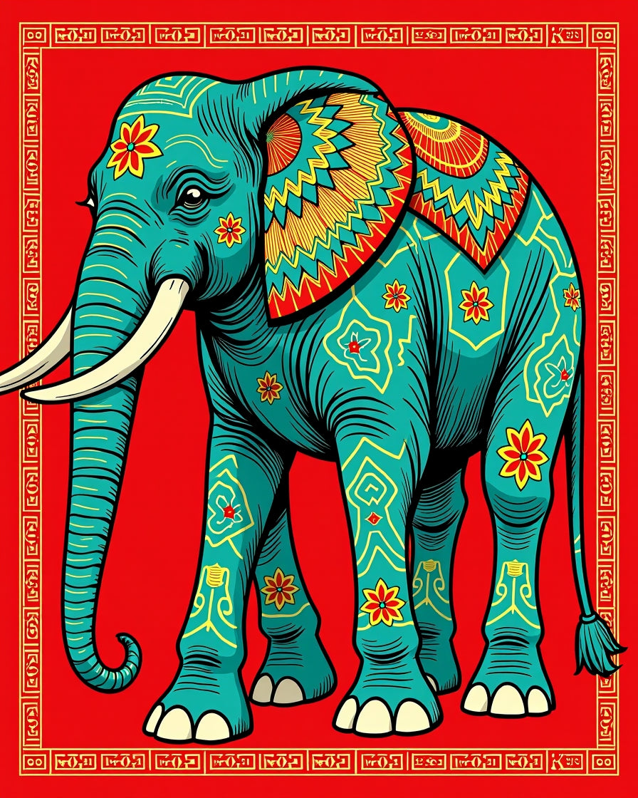 Vibrant Teal Elephant Floral Border Rug