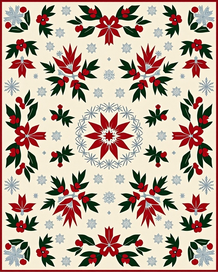 Cream Red Green Holly Snowflake Collage Rug