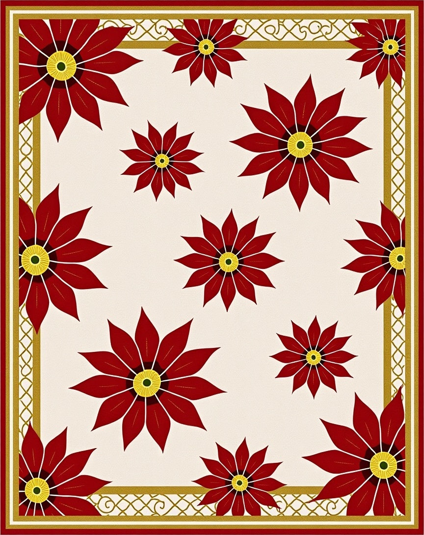 Crimson Floral Gold Border Medallion Rug