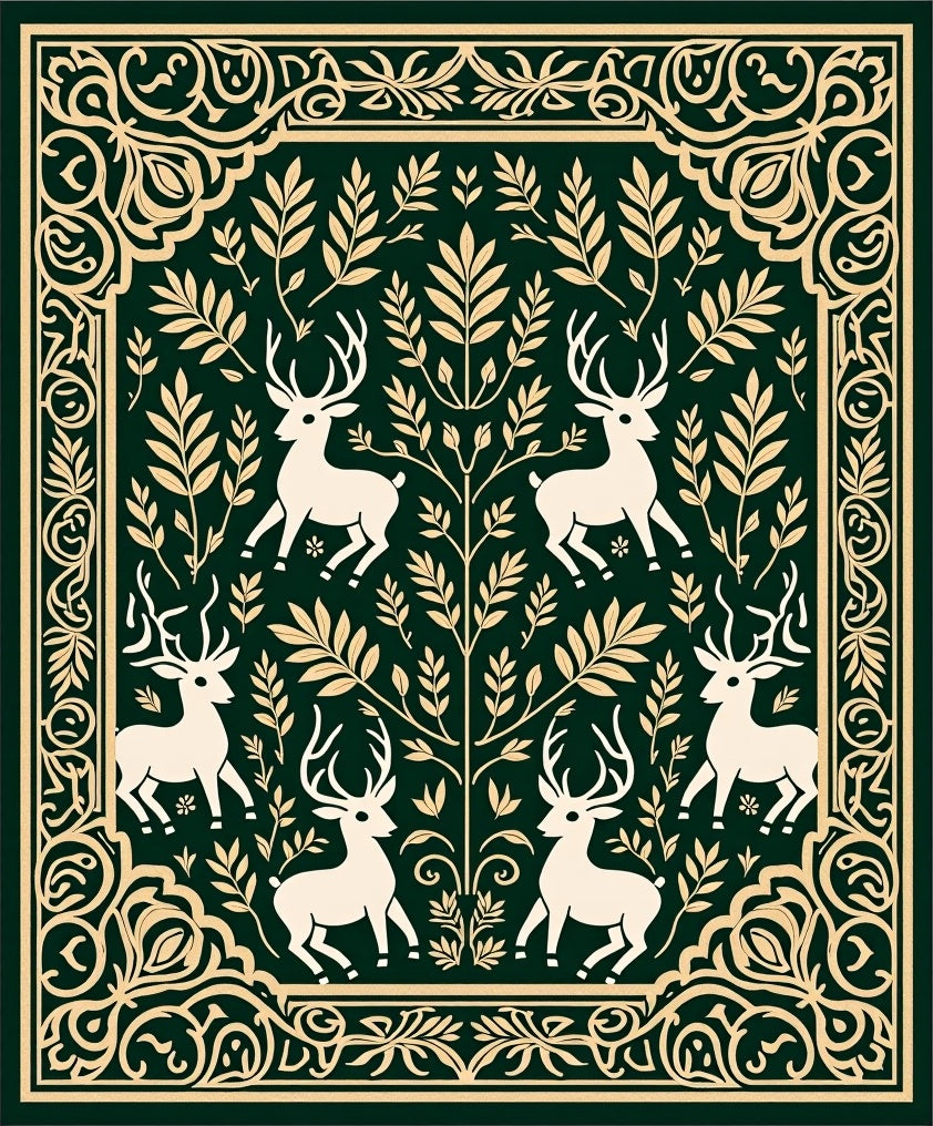 Dark Green Forest Fauna Woodland Medallion Rug