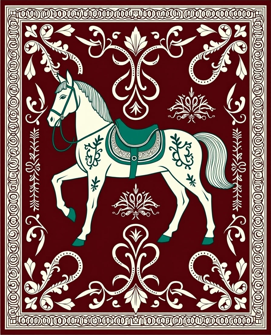 Crimson White Horse Floral Border Rug