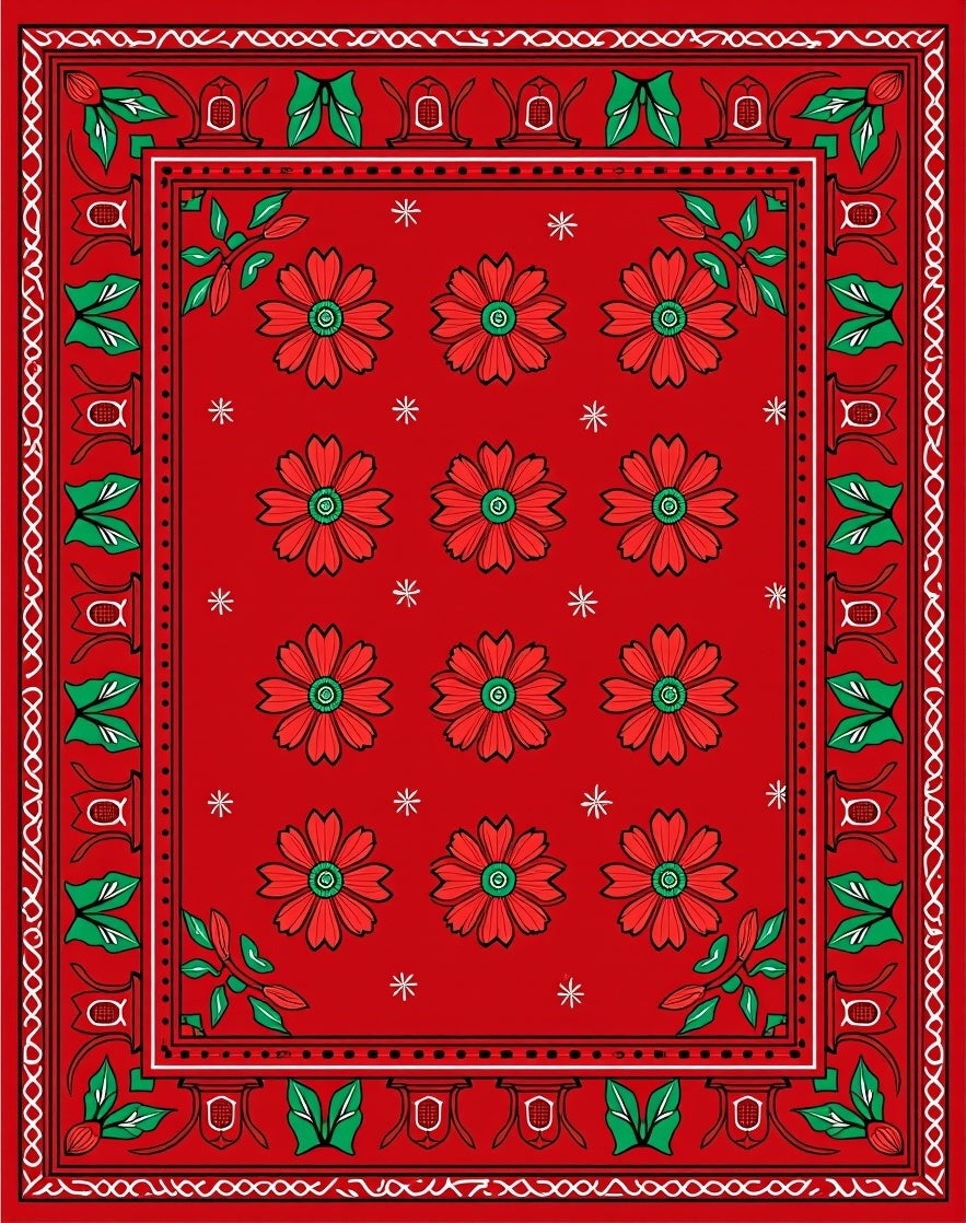 Vibrant Red Floral Bordered Rug