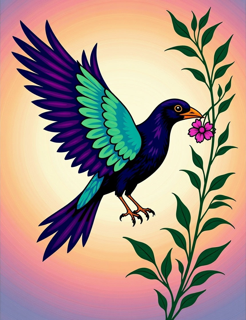 Vibrant Plumage Bird Pink Flower Sprig Rug