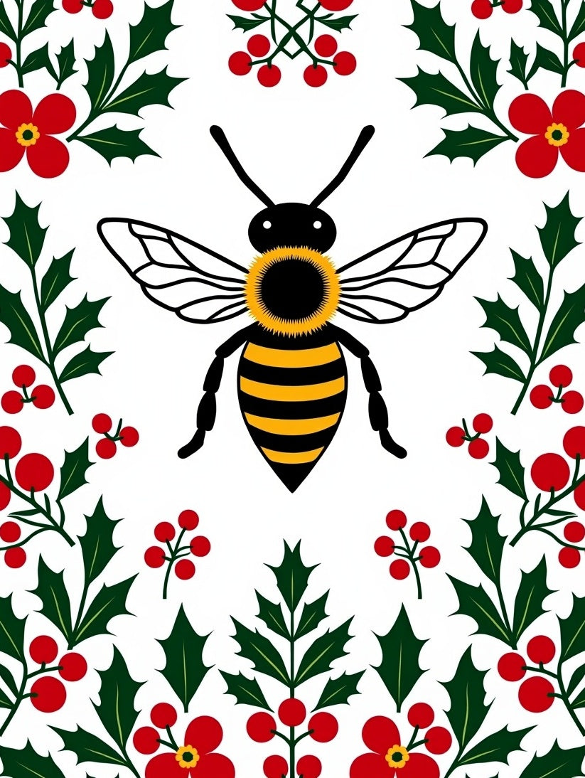 Whimsical Bee Holly Berry Floral Rug