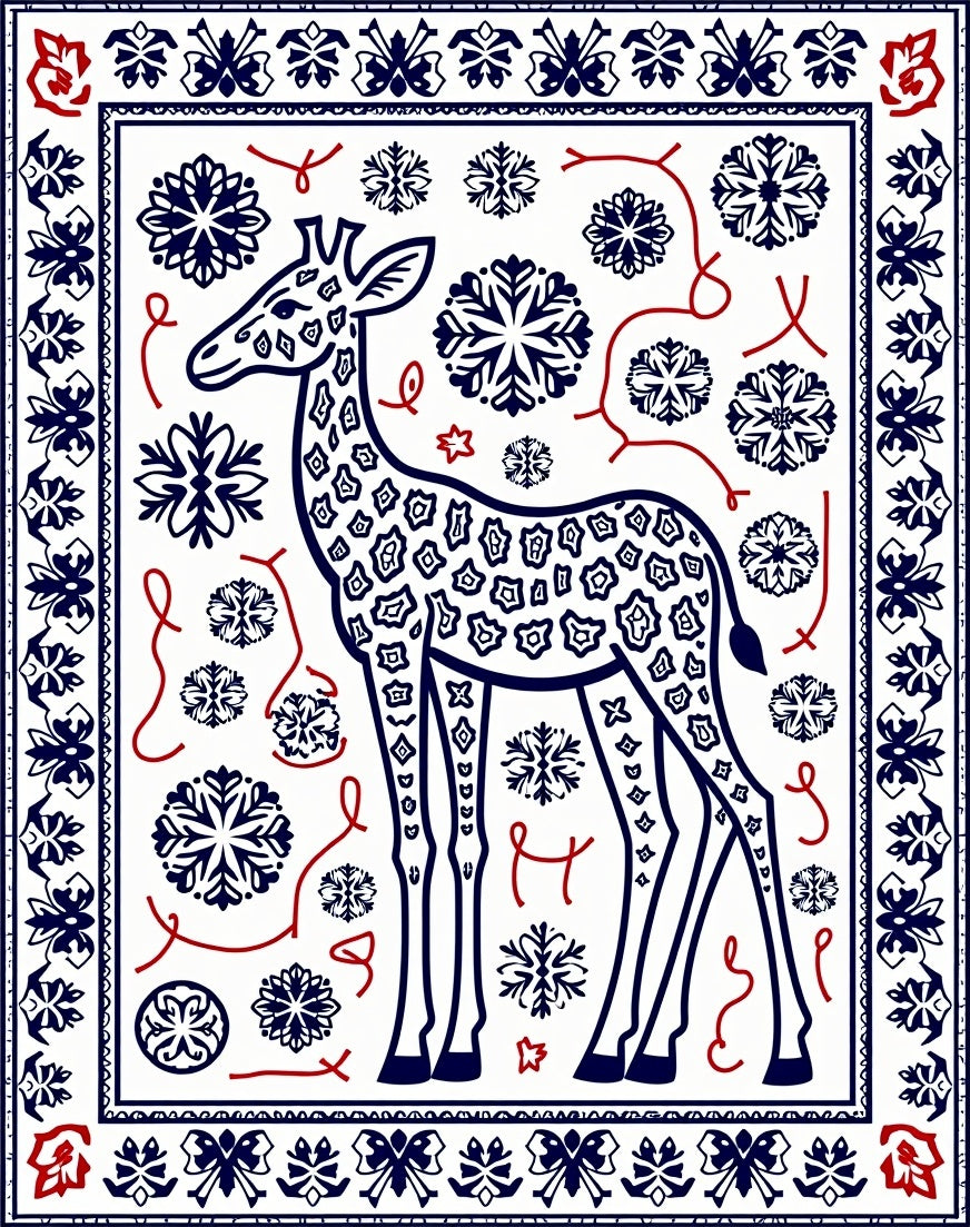 Giraffe Snowflake Border Blue Red Rug