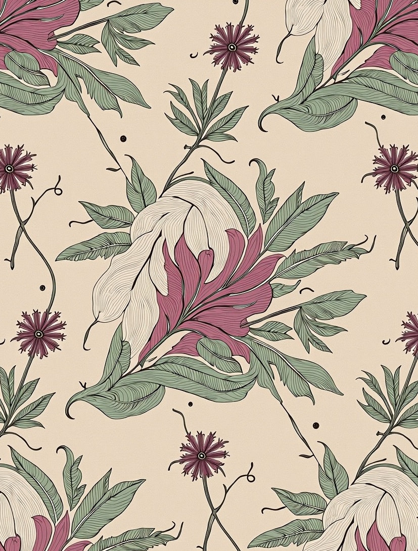 Dusty Rose Green Floral Art Nouveau Rug