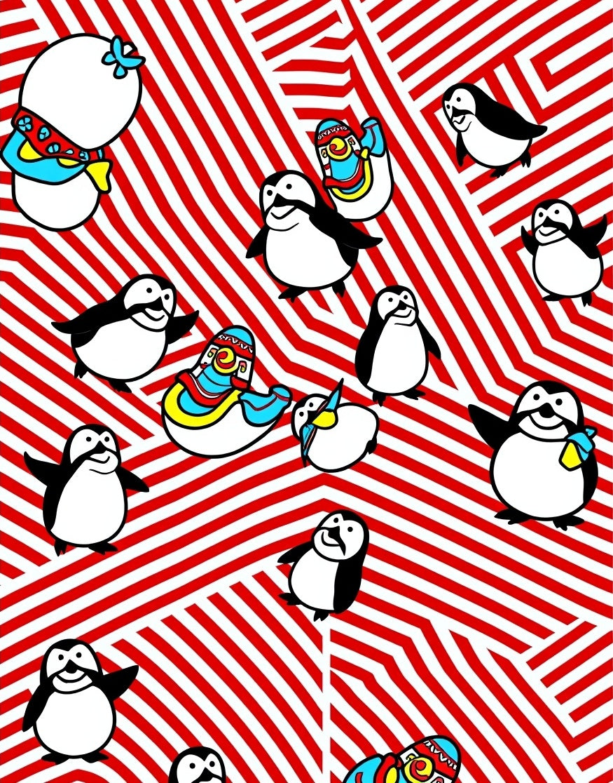 Red White Striped Penguin Cartoon Collection Rug