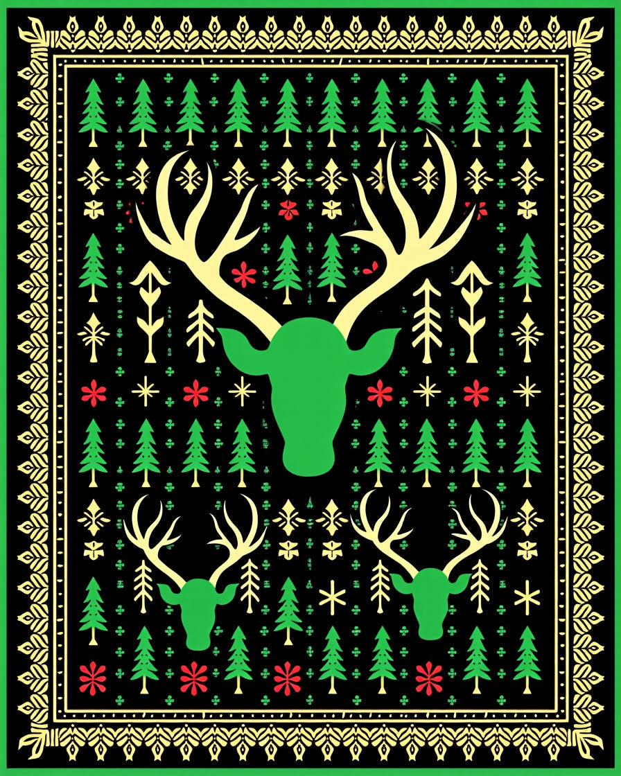 Green Deer Christmas Tree Border Rug