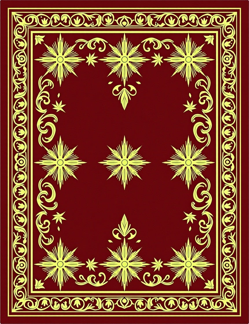 Crimson Yellow Starburst Ornamental Border Rug