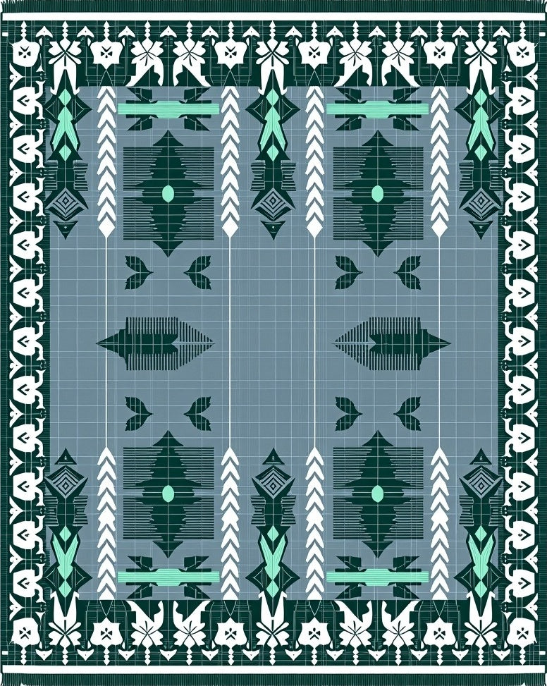 Geometric Forest Green Aquamarine Border Rug