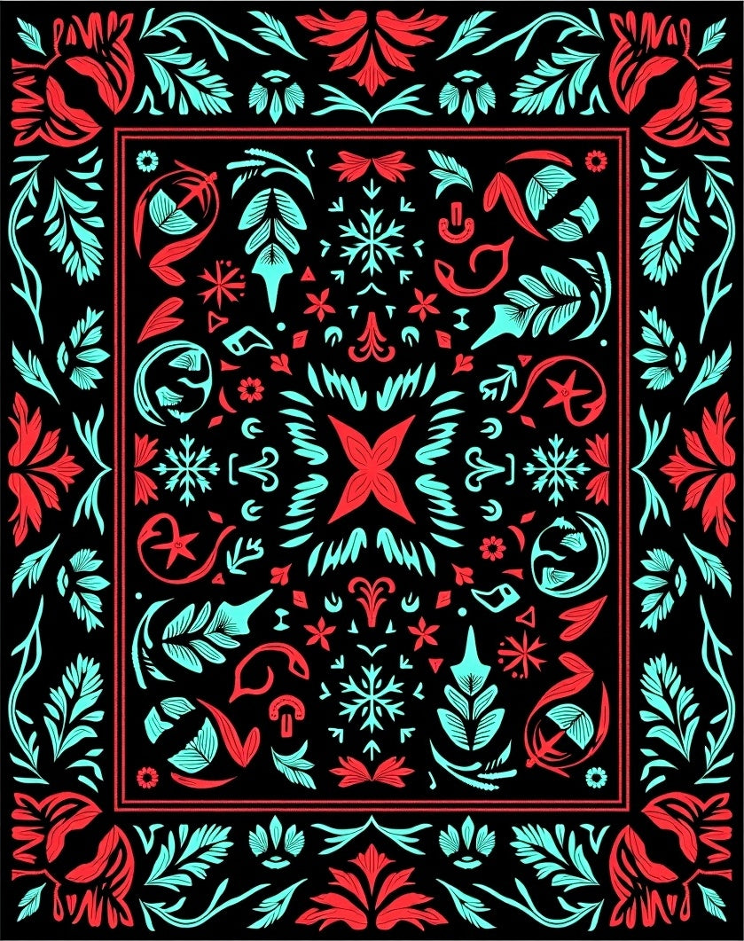 Red Turquoise Folk Floral Square Rug