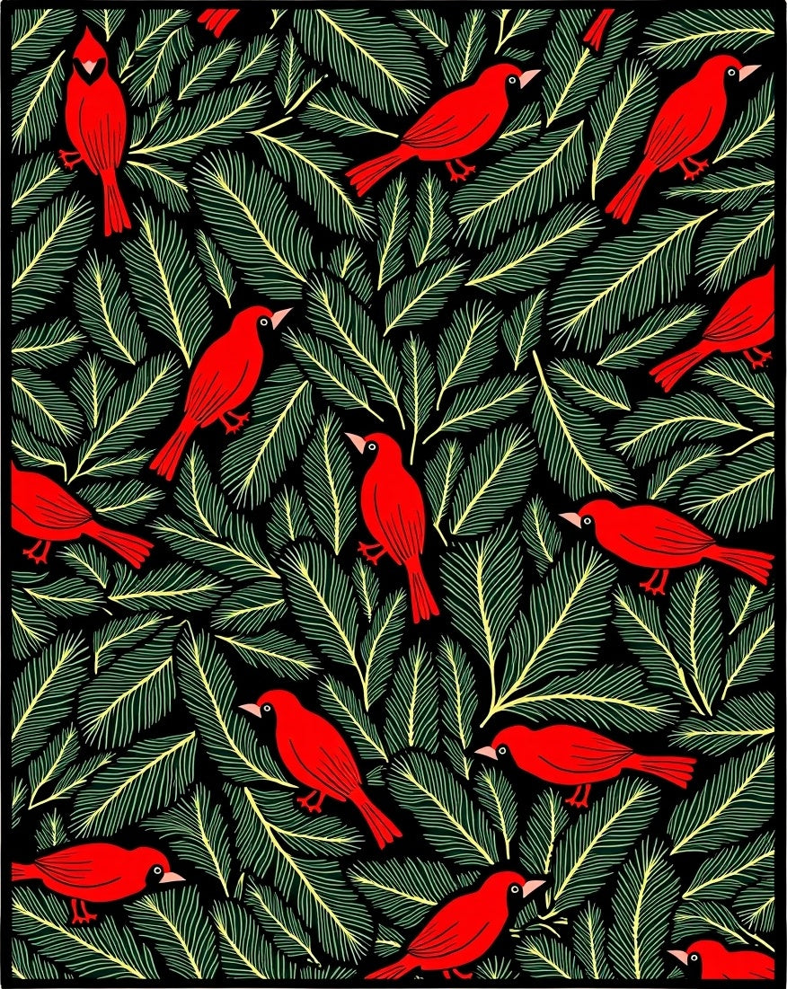Crimson Cardinals Among Evergreen Boughs Rug
