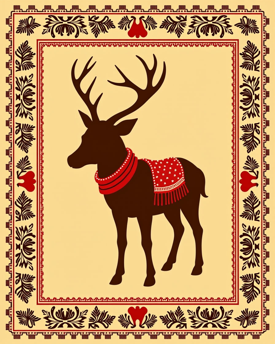Dark Brown Deer with Red Festive Saddle Rug