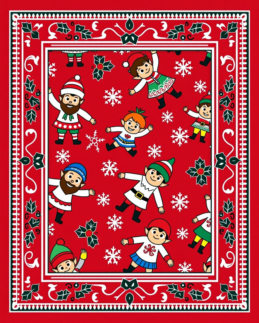 Whimsical Red Elves Snowflake Christmas Rug