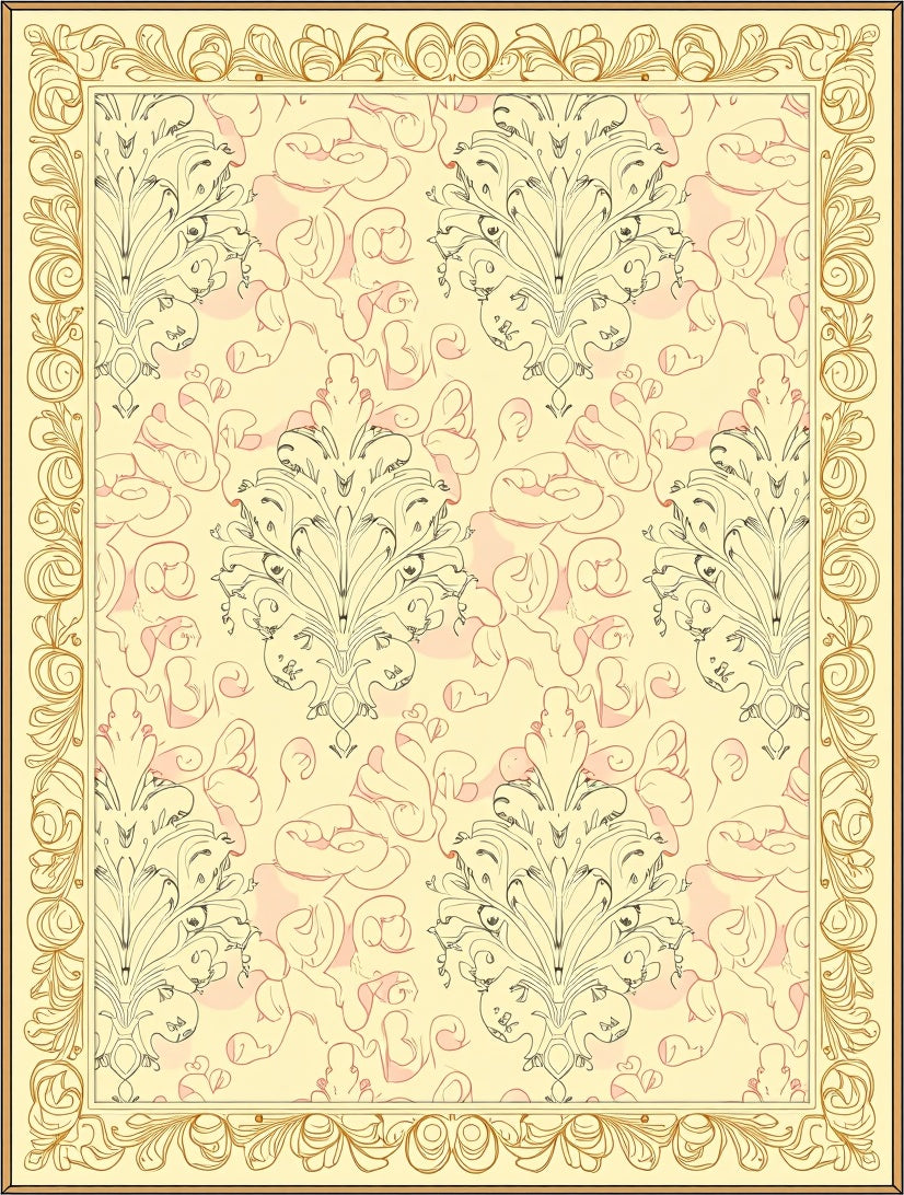 Cream and Gold Baroque Floral Border Rug