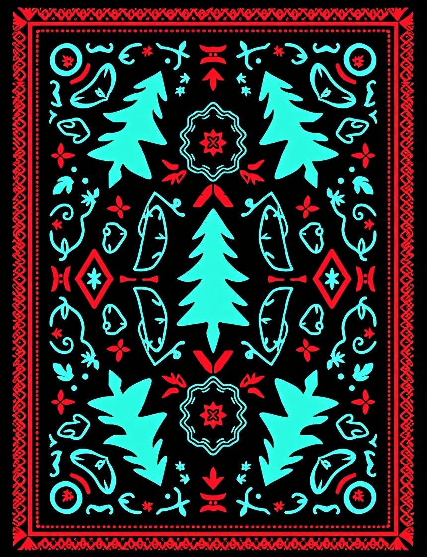 Nordic Folk Art Tree Motif Rug