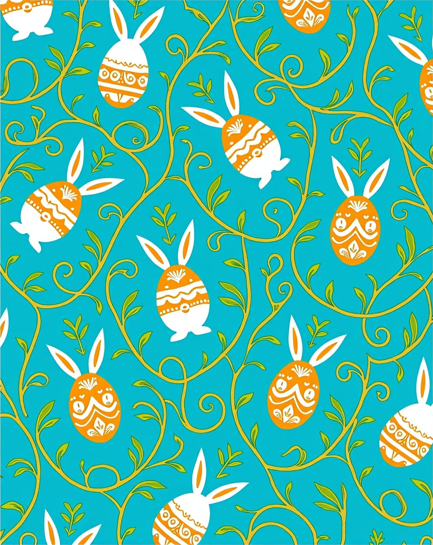Orange White Egg Bunny Vine Blue Rug