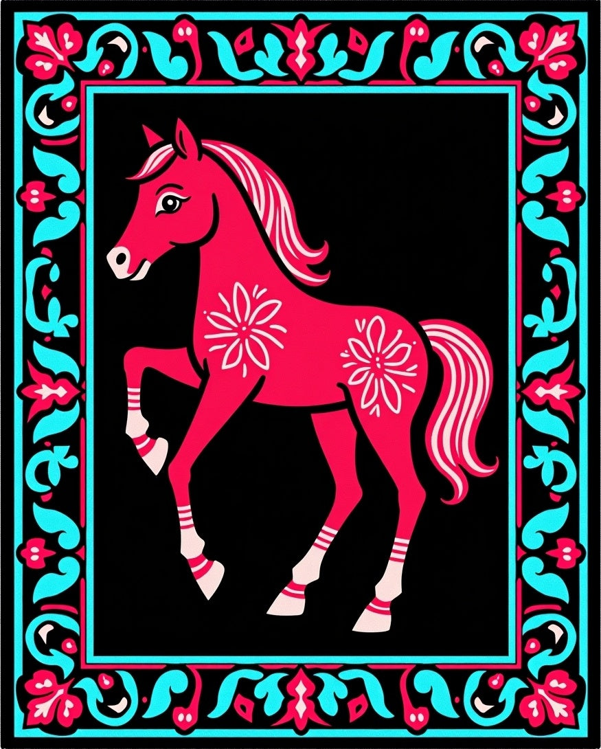Bright Pink Horse Floral Border Rug