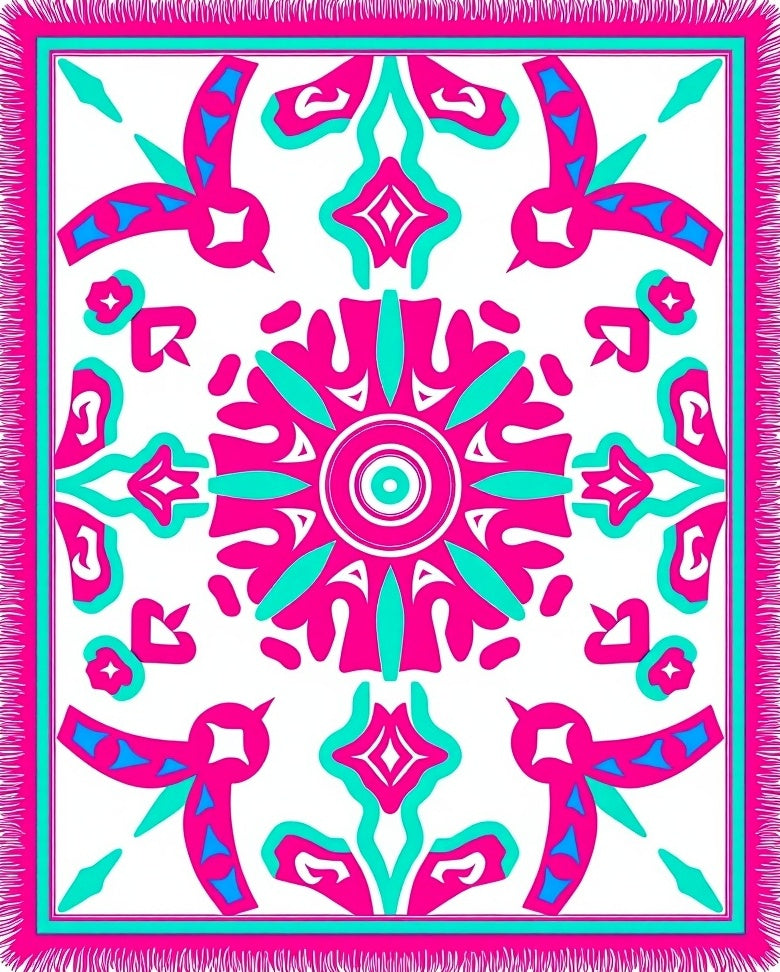Vibrant Pink Teal Bird Medallion Rug