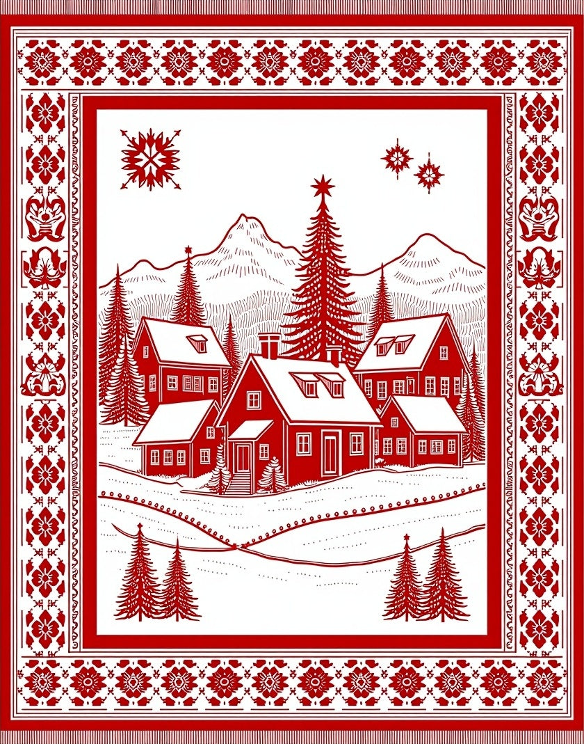 Crisp Red Winter Village Scene Rug