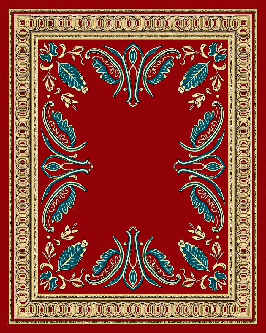 Crimson Red Teal Floral Border Rug